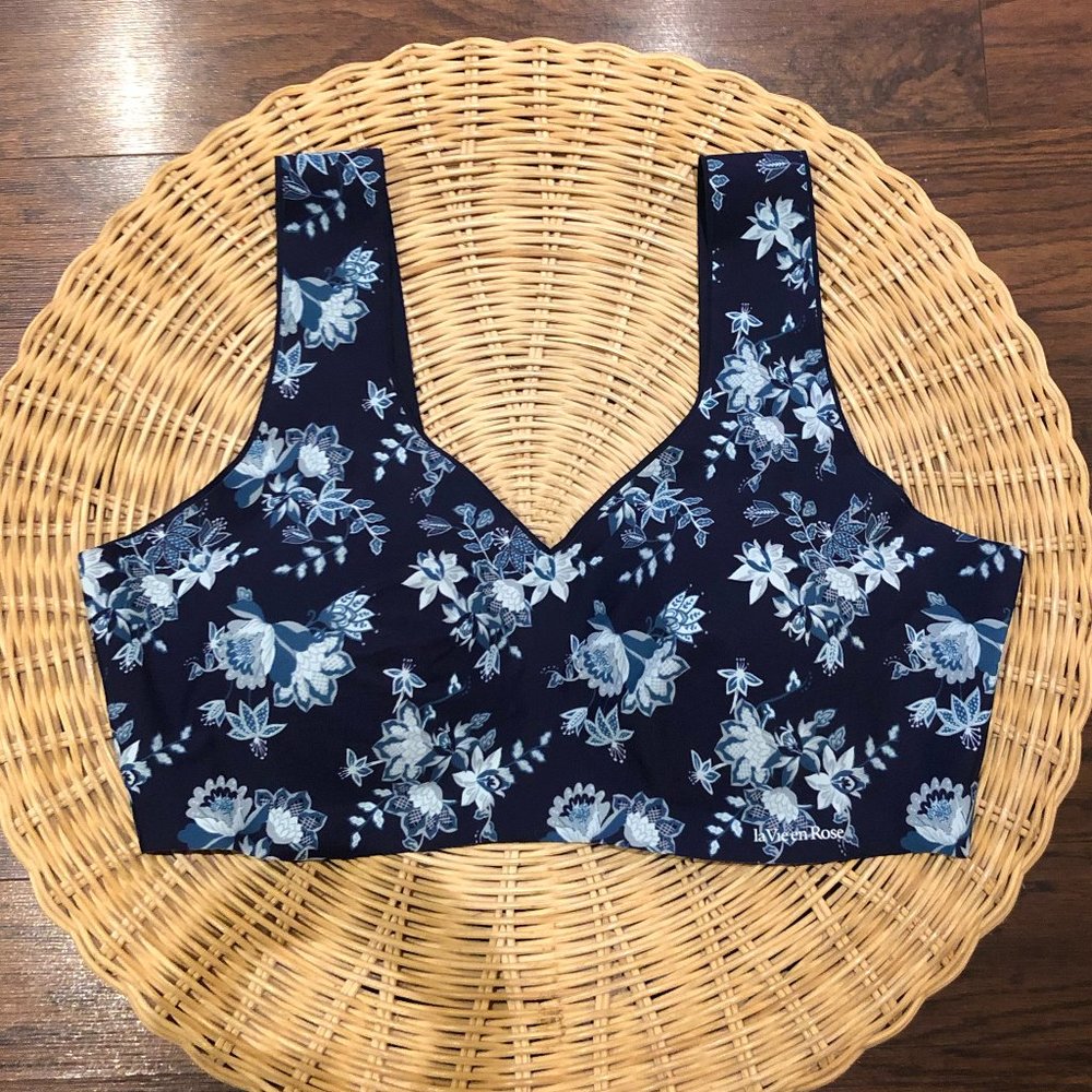 La Vie En Rose Seamless Wireless Tank Bra, Navy Blue Flowers, XL